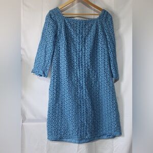 London Times Light Blue Eyelet Long Sleeve Dress off the shoulder